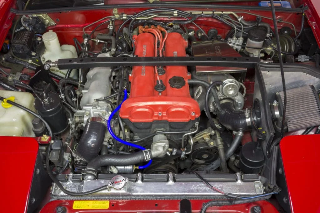 An upgraded performance radiator in a Mazda Miata MX-5