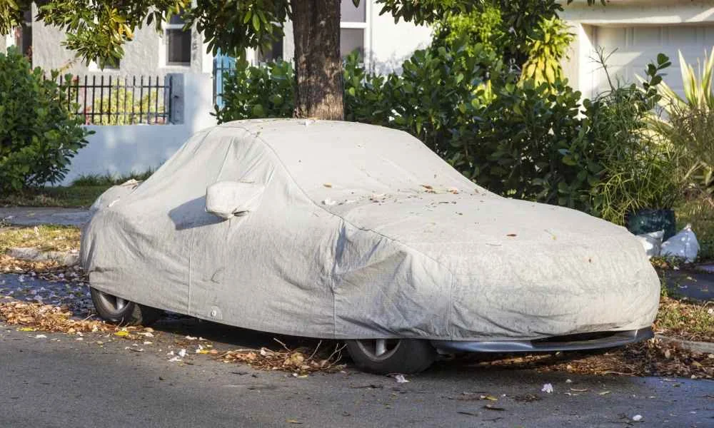 Mazda Miata under a car cover outdoors under a tree
