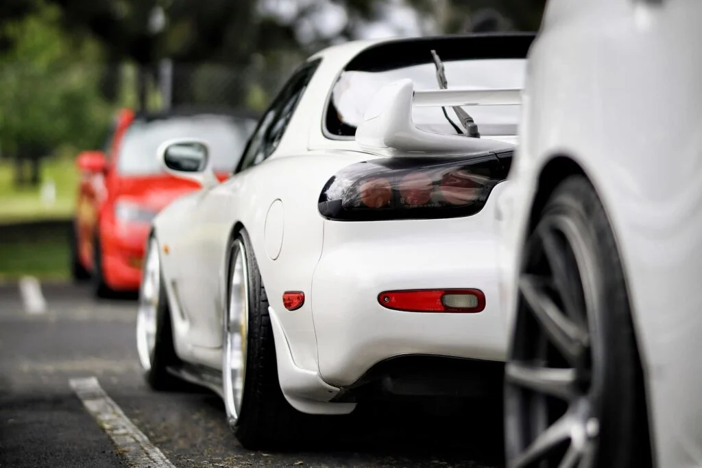 Mazda RX-7 with a subtle staggered wheel setup