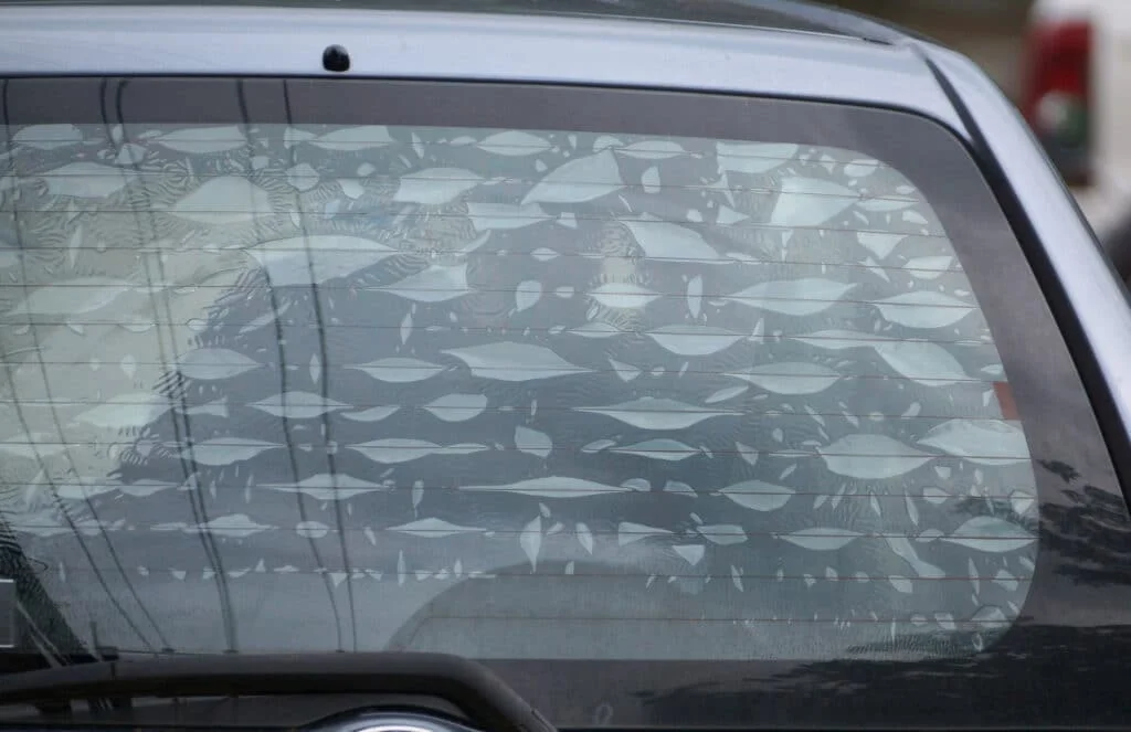 Air bubbles in window tint film on a car's rear window