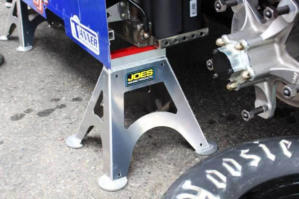 Race car on fixed height jack stands