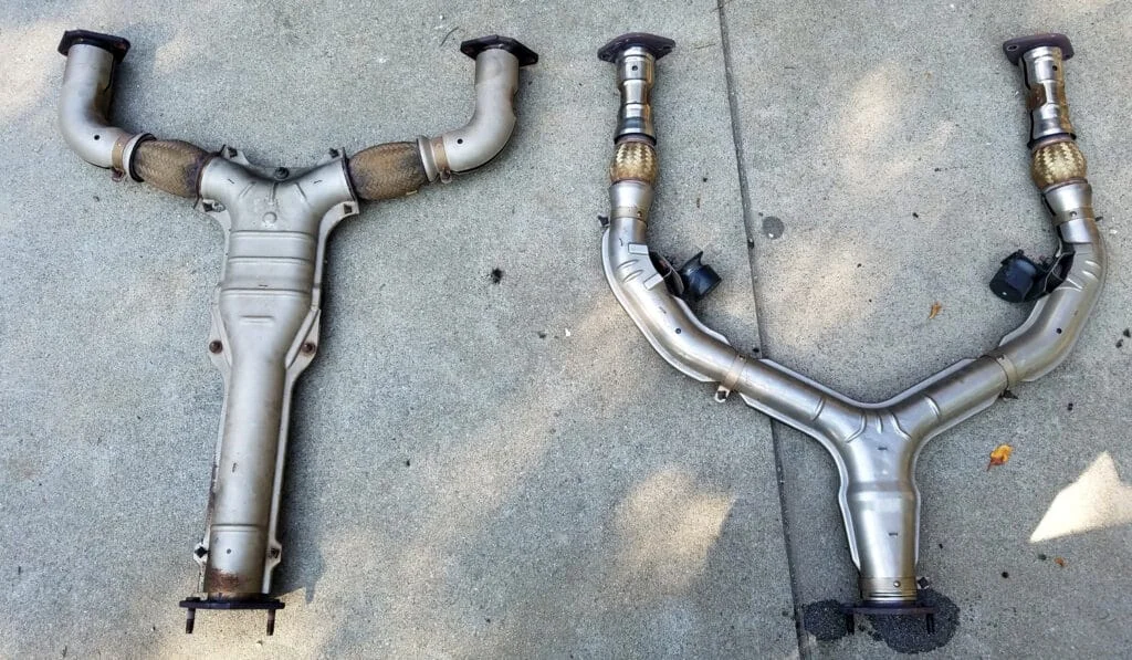 OEM and aftermarket 350z Y pipes compared side by side