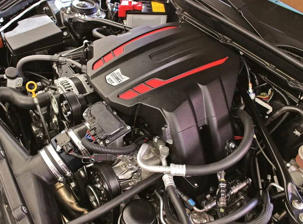 Red-accented Edelbrock supercharger installed on the Subaru BRZ