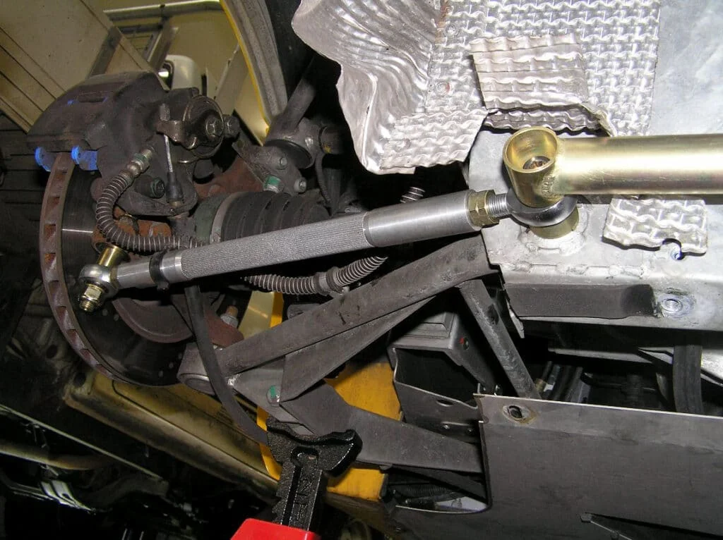Tie rod as seen from the underside of a car