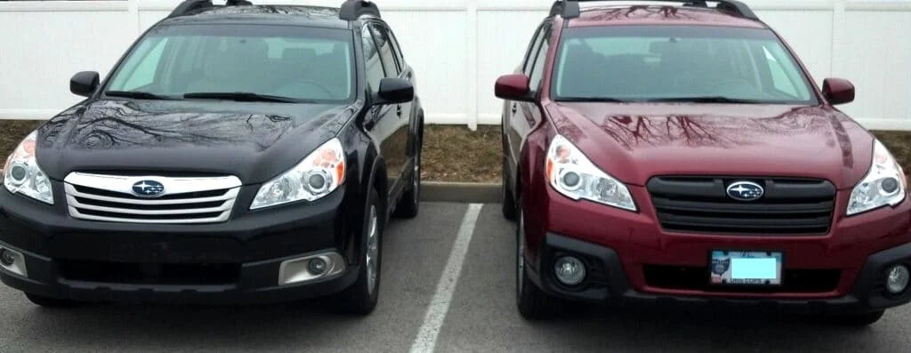 Subaru Outback chrome grille and Plasti Dipped grille comparison.