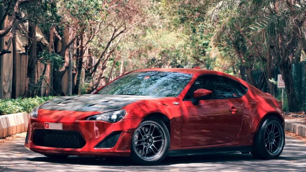 Red BRZ with Enkei RPF1 wheels