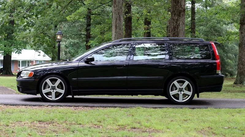A black Volvo V70r wagon