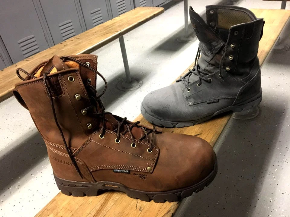 Brown and grey mechanic work boots