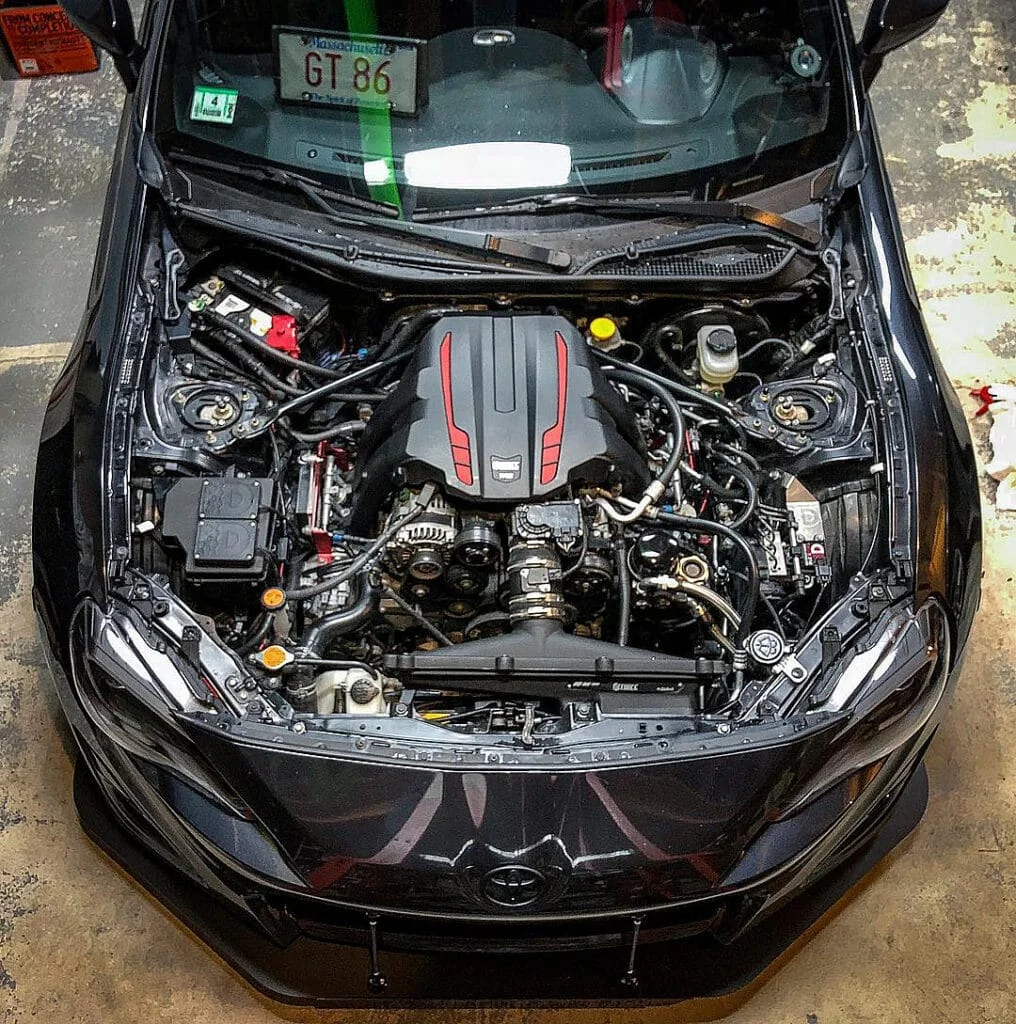 Black GT86 with Edelbrock 1556 supercharger installed
