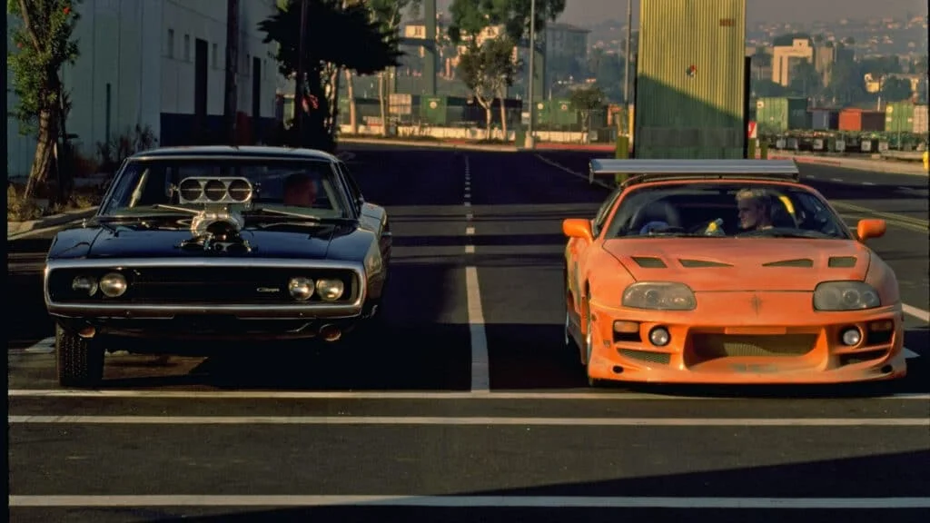 Dominic Torreto and Brain O-Connor drag race snapshot from Fast and the Furious.