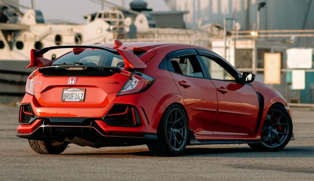 2017+ Civic Type-R in red, lowered on coilovers