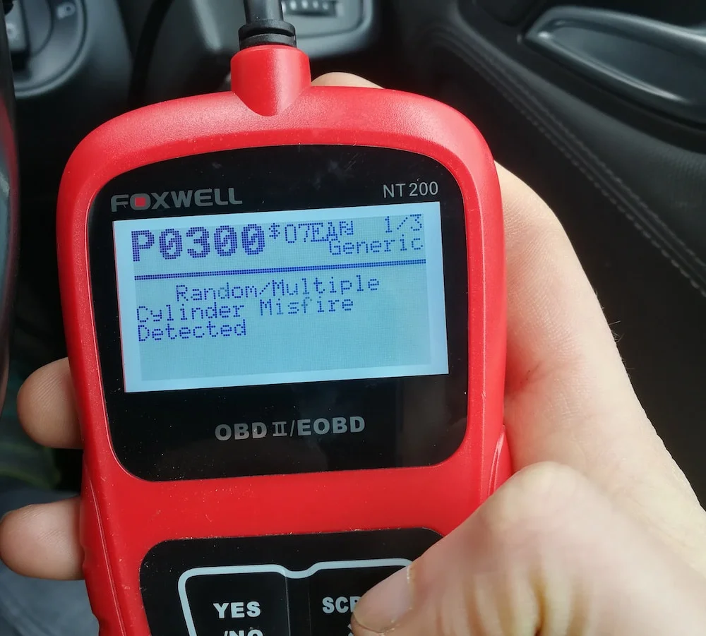 ODBII tool showing P0300 multiple cylinder misfire error code