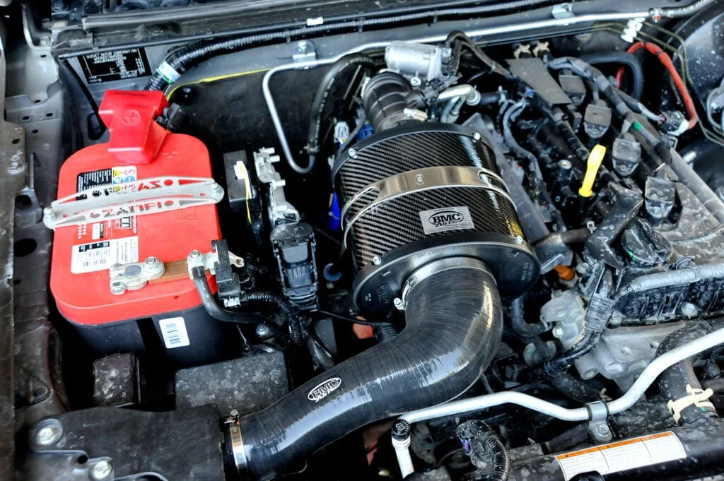 BMC air filter with carbon fiber cover.