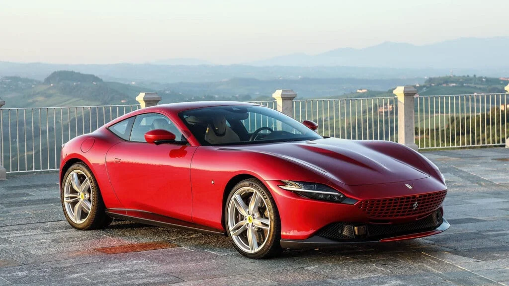 A red Ferrari Roma supercar