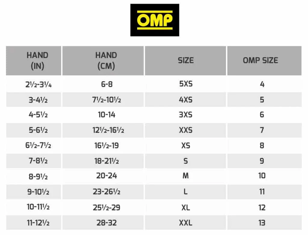 OMP racing gloves sizing chart