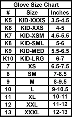 RaceQuip glove size chart