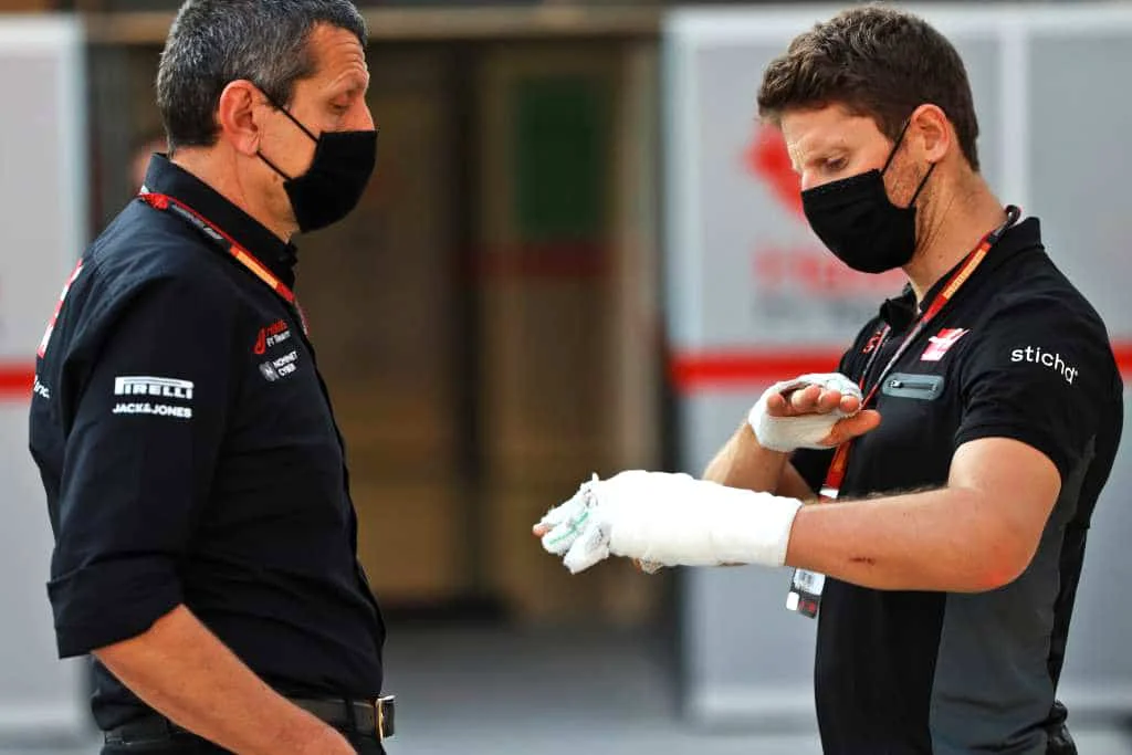 Roman Grosjean after his crash at the Bahrain GP