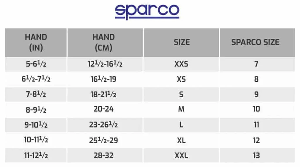 Sparco gloves sizing chart