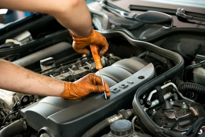 Mechanic wearing greasy orange gloves