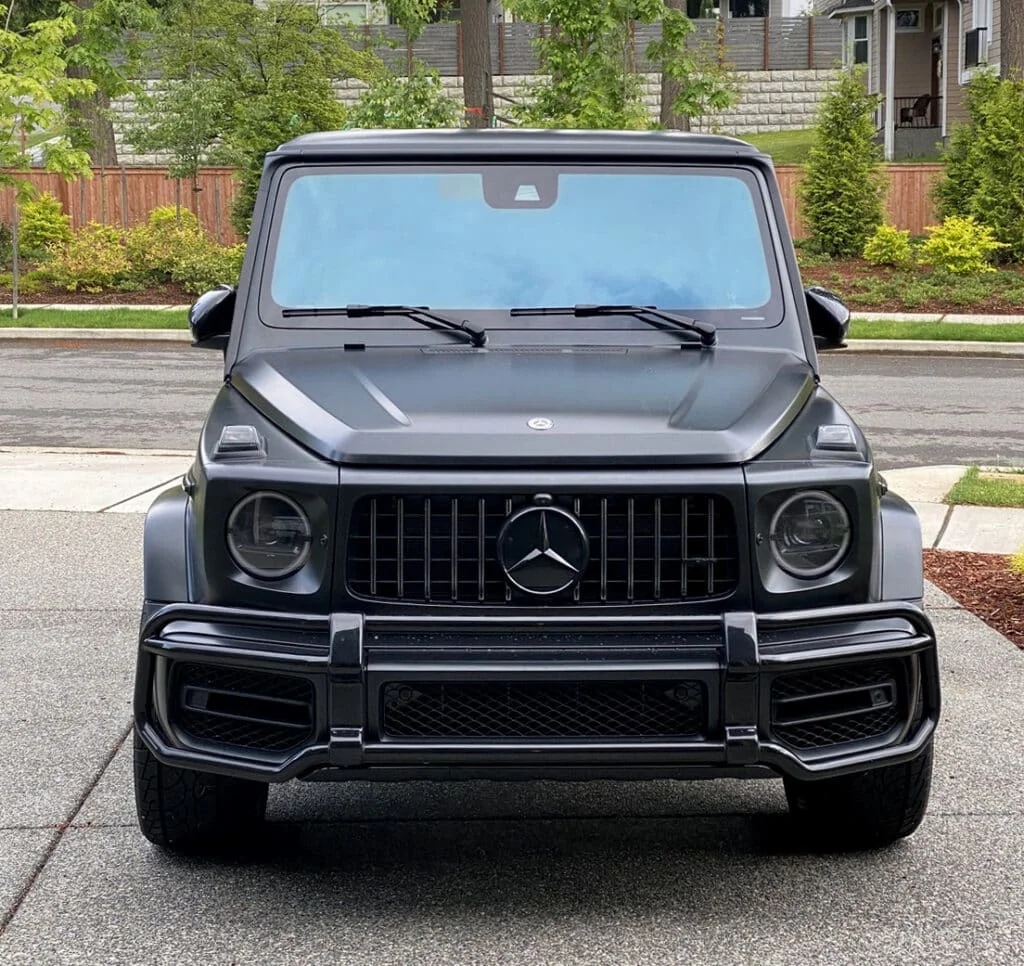 Matte black G-Wagon with tinted windshield