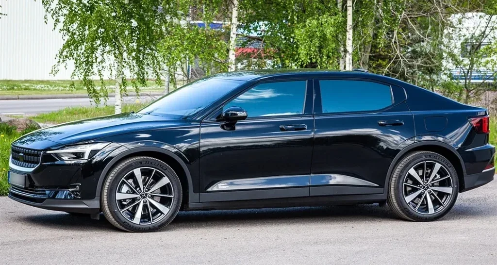 Black Volvo Polestar with reflective tint.