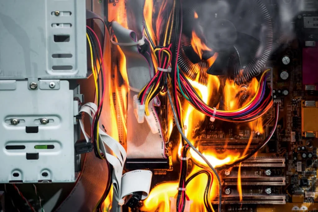 Computer components on fire