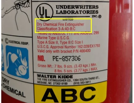 UL Rating printed on an auto fire extinguisher