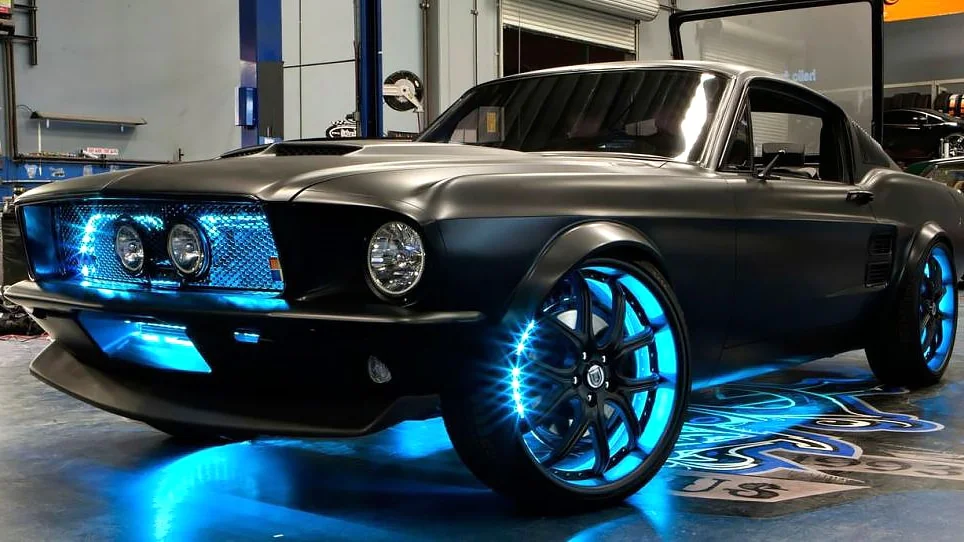 Matte black muscle car with neon lights