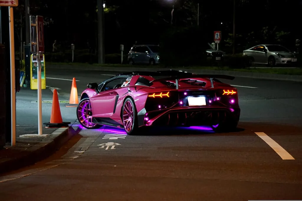 Pink Lamborghini with neon lights