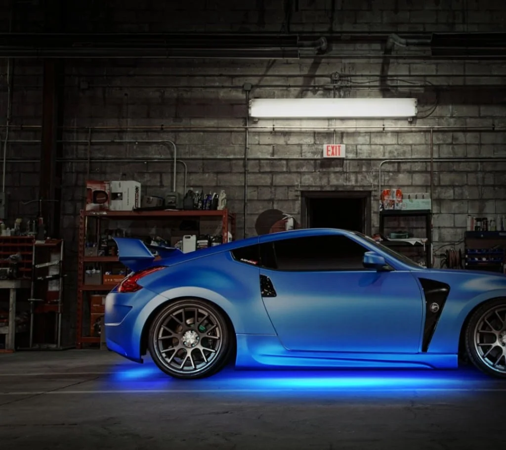 Matte blue Nissan 370z with blue underglow