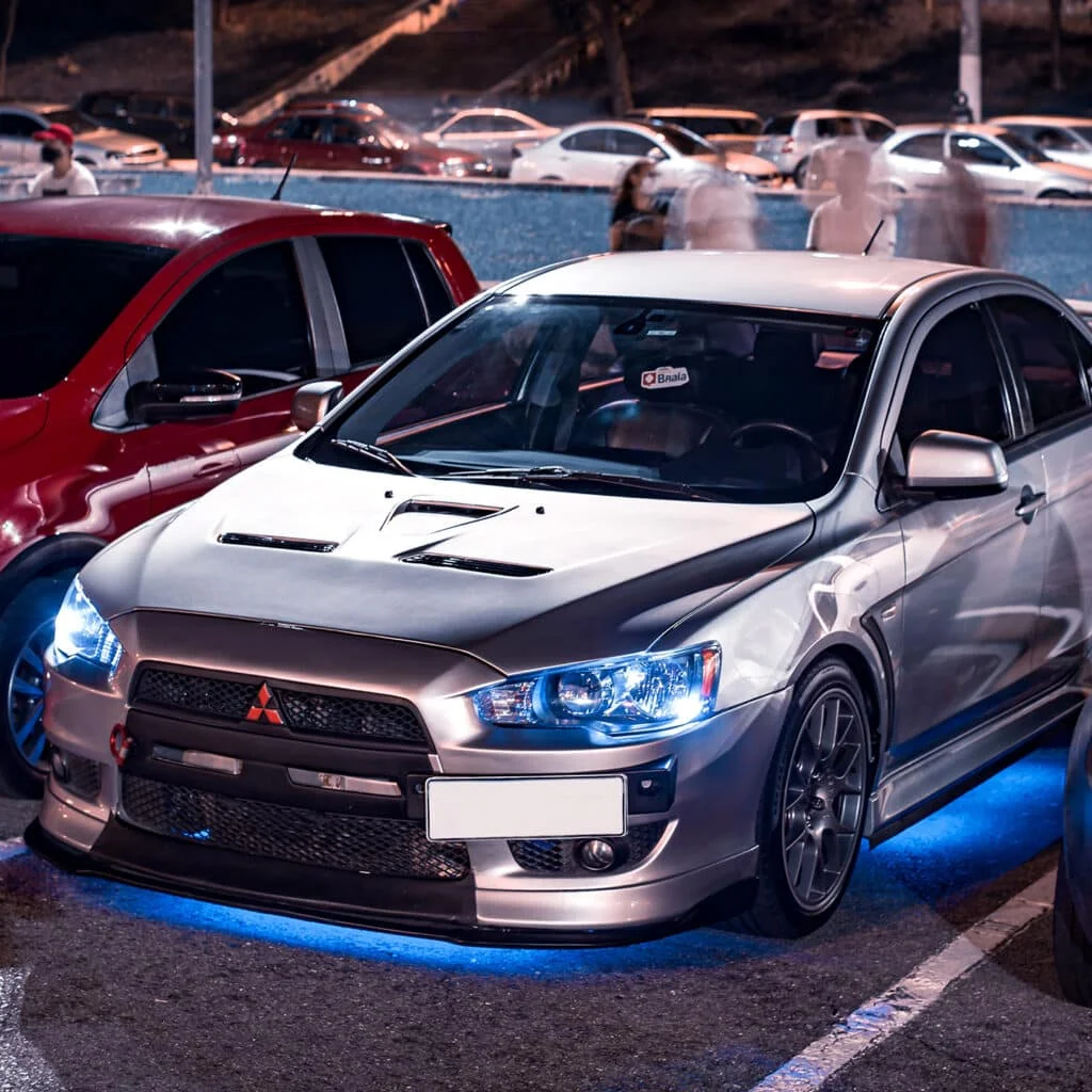 Silver Evo X with blue underglow