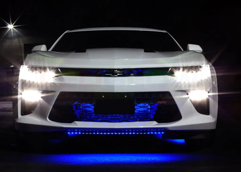 White Camaro with blue LED underglow