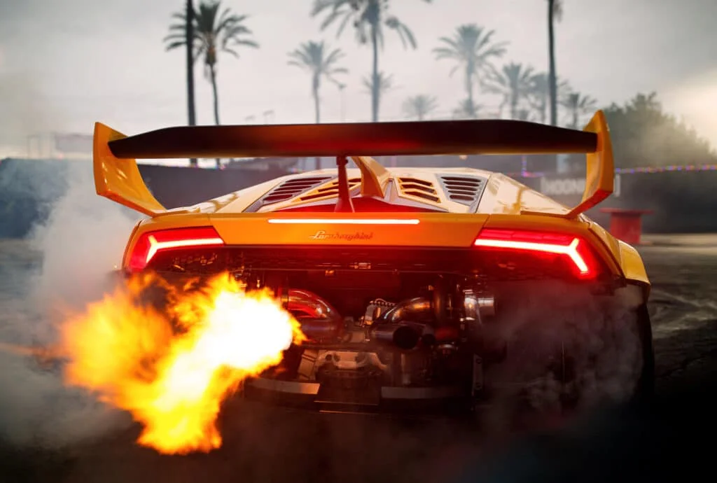 Yellow Lamborghini shooting flames
