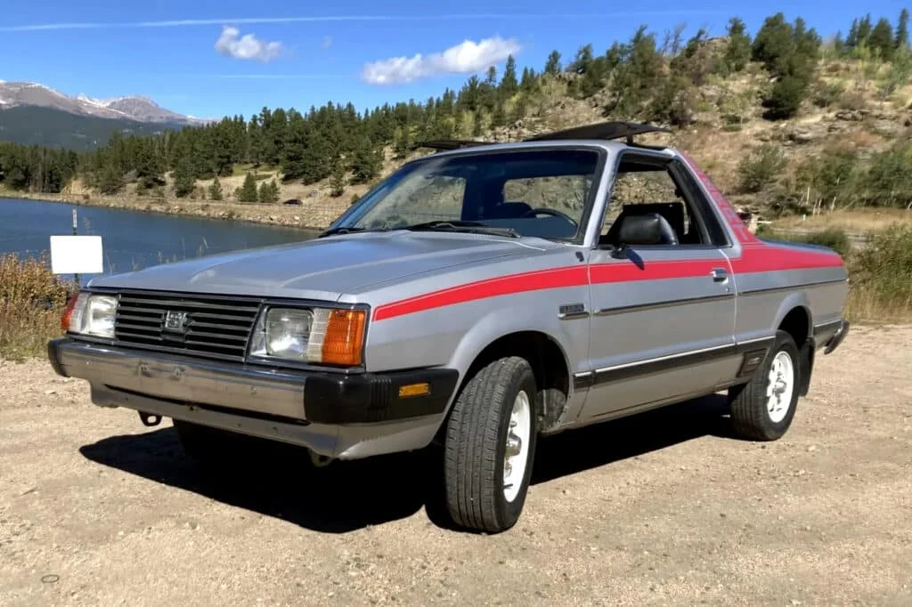 Silver 1982 Subaru BRAT with red pinstripes