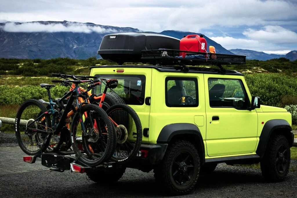 A 4x4 rig carrying mountain bikes