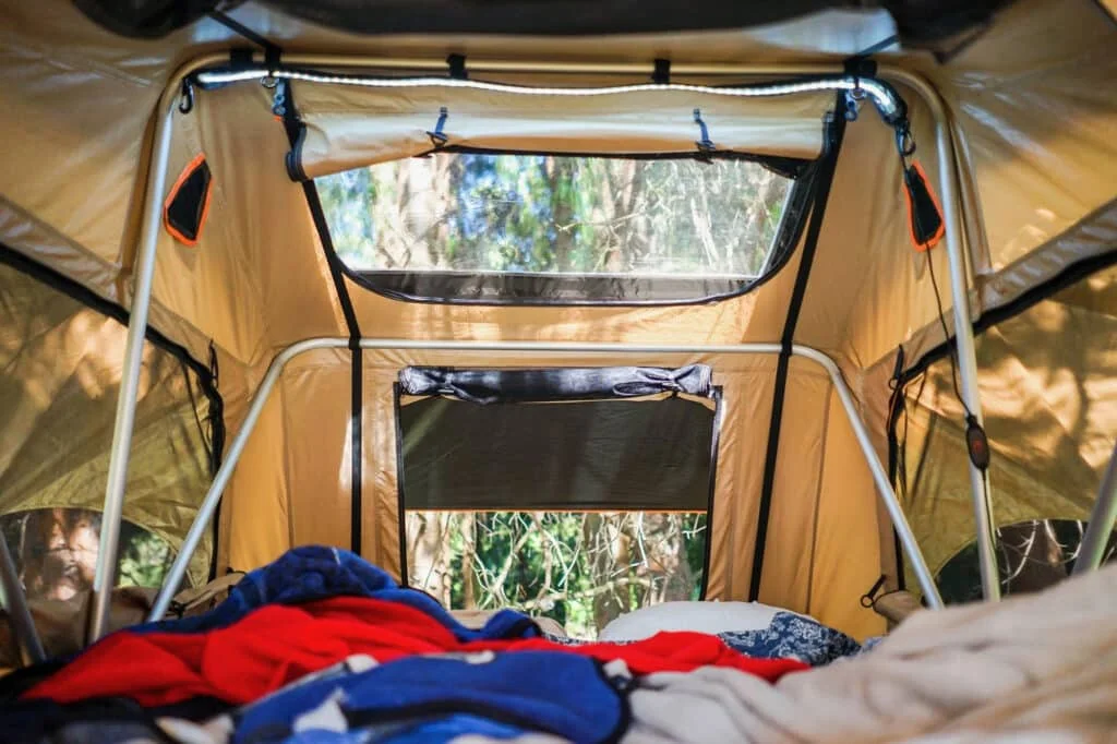 Cozy interior of a roof top tent