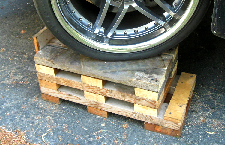 Loaded car tire on home made turn plates