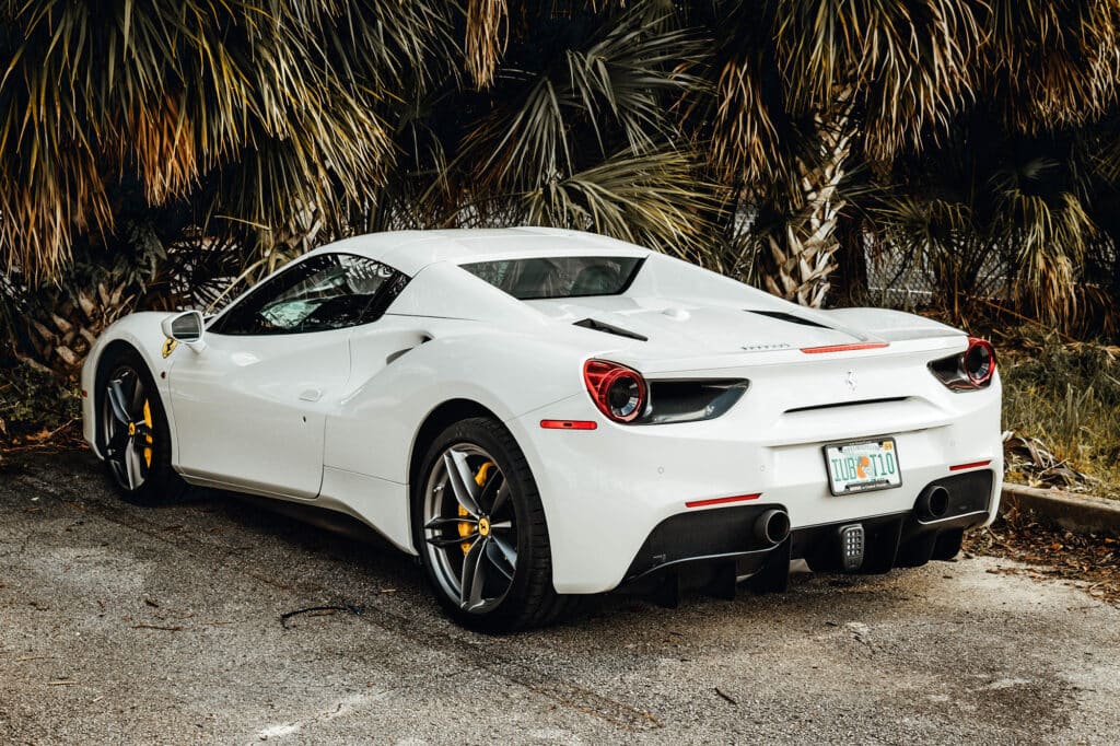 White Ferrari with reflective window tint in Florida