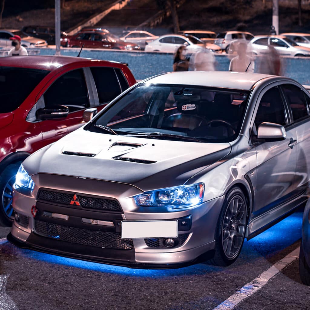 Silver Evo X with blue underglow
