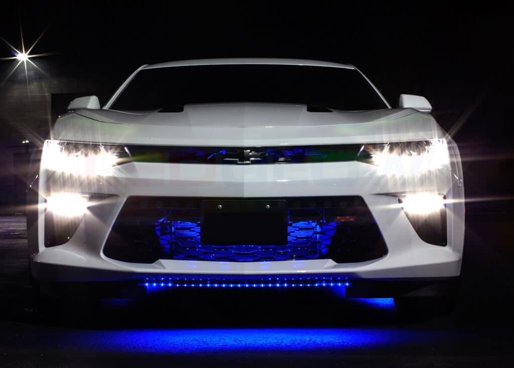 White Camaro with blue LED underglow