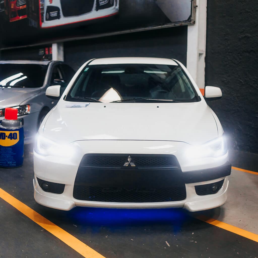 White EVO with blue underglow