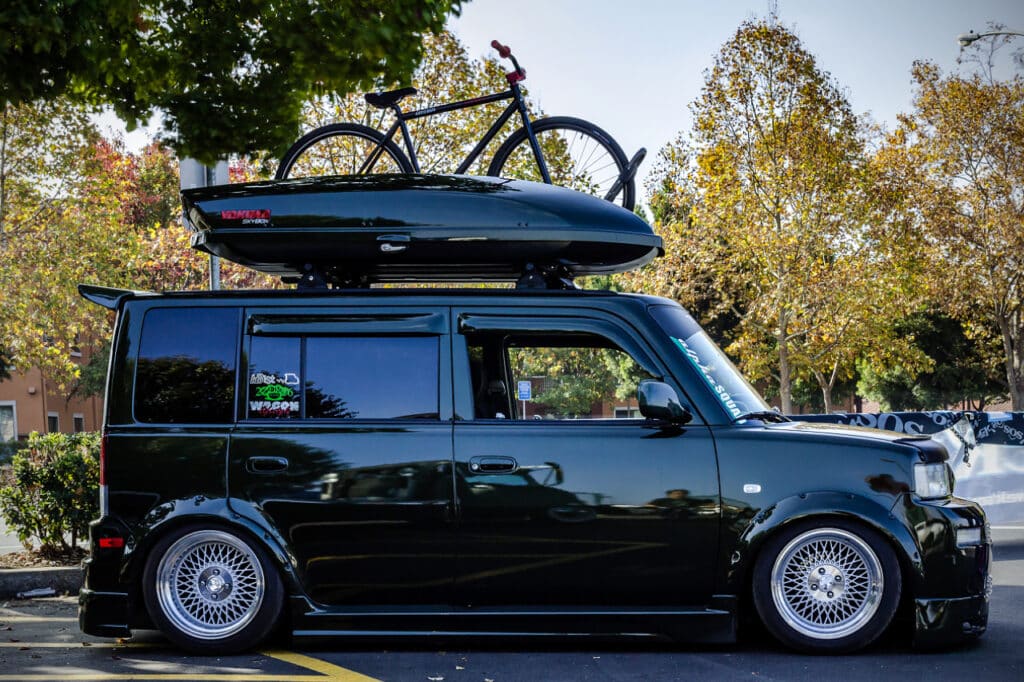 Lowered Scion xB with a top rack