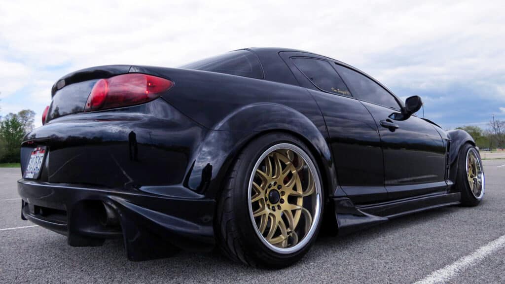 Mazda RX8 with wheels sticking out