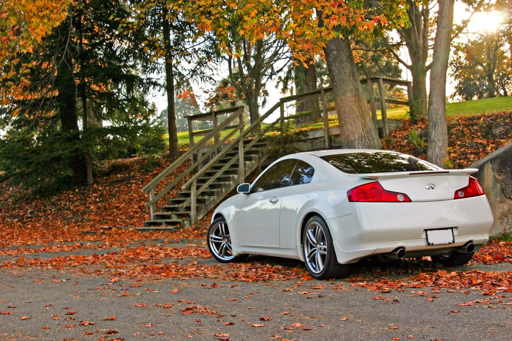 White G35 coupe in autumn