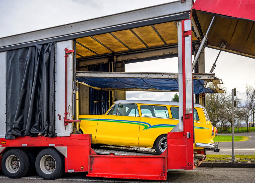 Classic car in an enclosed trailer