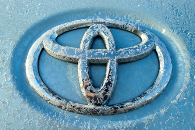 Toyota badge encrusted in snowflakes