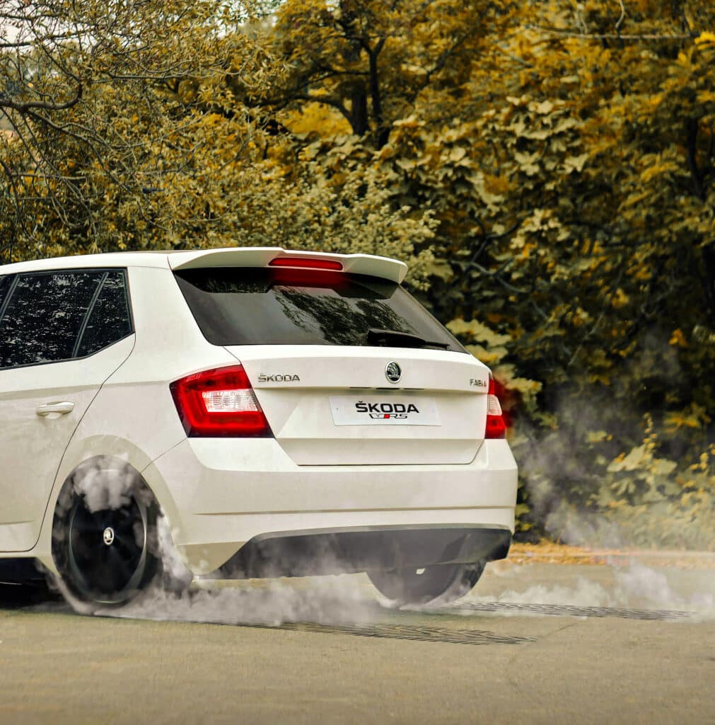 White Fabia performing a burn-out